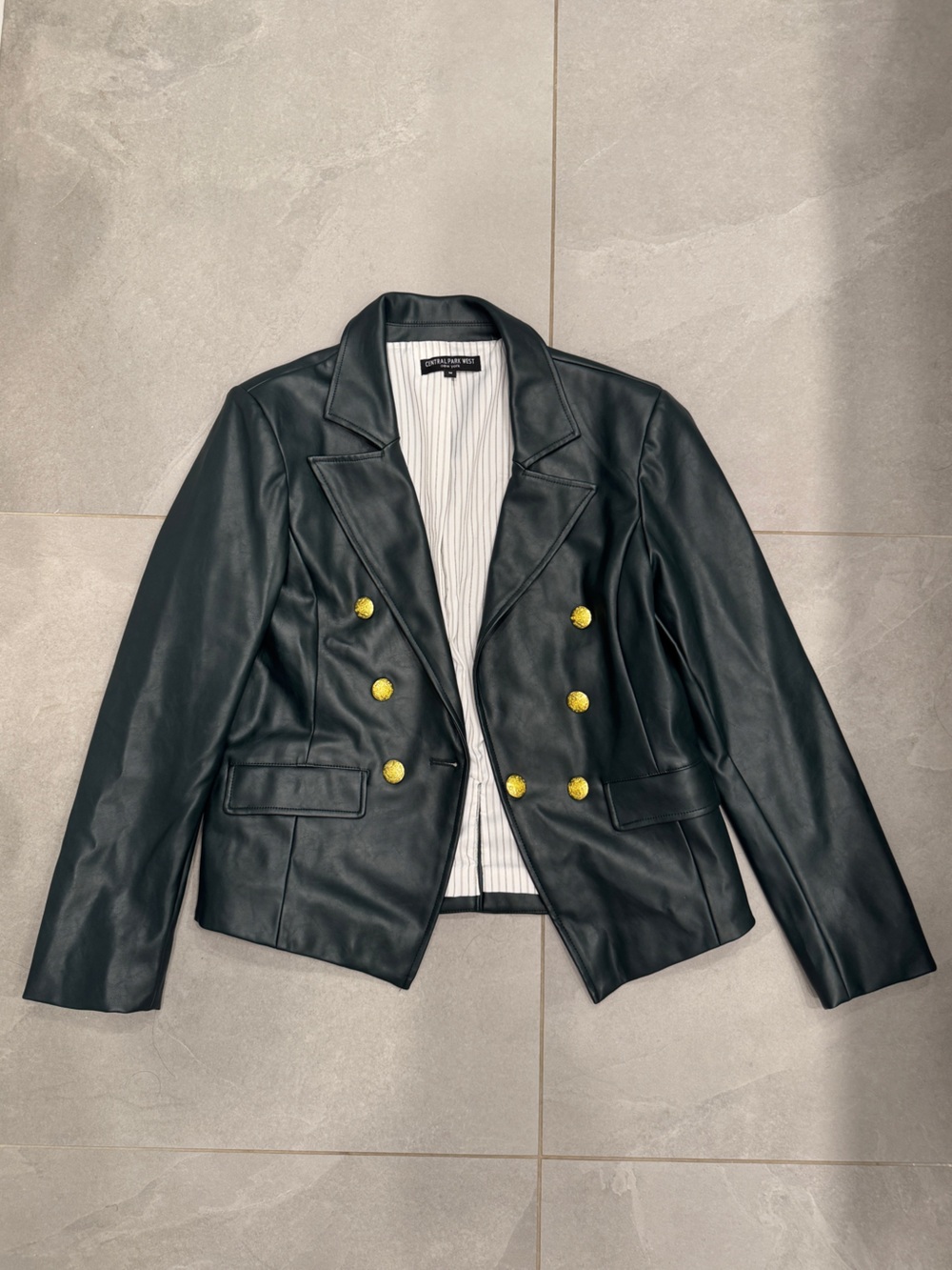 Central Park West Black Faux Leather Double-Breasted Blazer with Gold Buttons